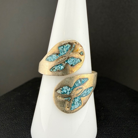 Taxco Jewelry - Vintage Taxco Sterling Silver Ring Butterfly Blue Turquoise Chip Inlay 9